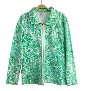 Lilly Pulitzer Tropical Zip Up Sweatshirt Women Size M Green White Floral Beach